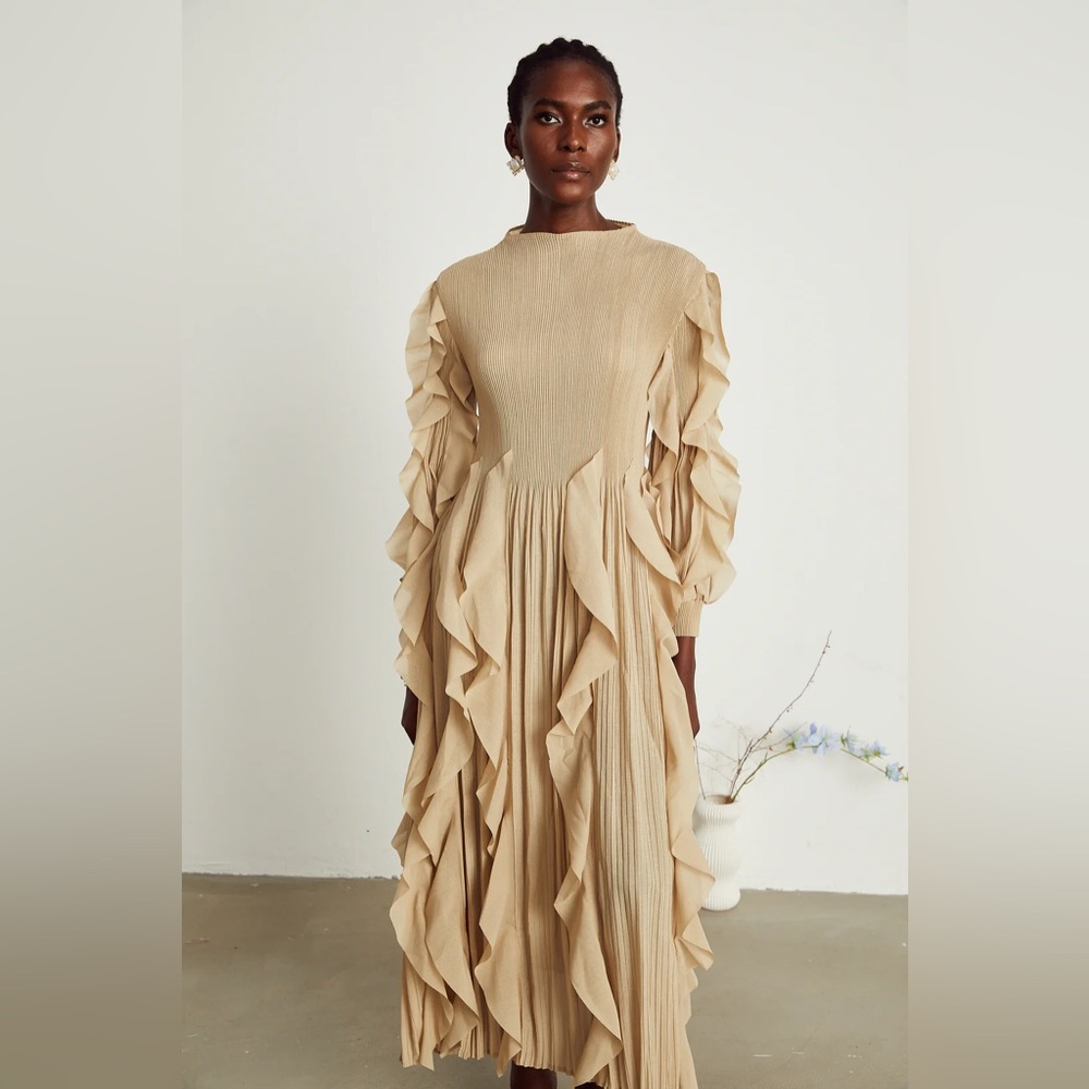 Cream Pleated Ruffle Dress